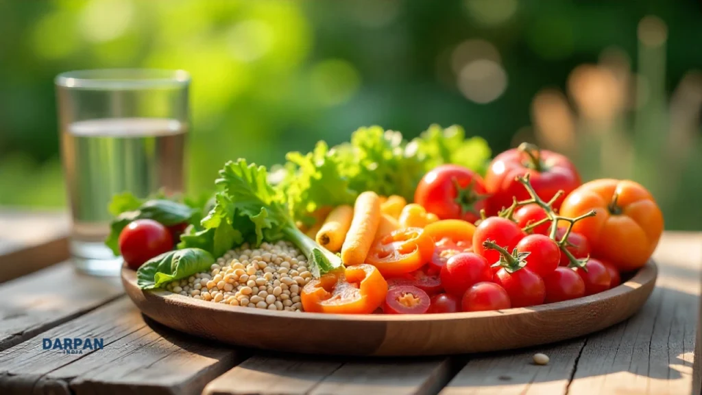 balanced meal on a wooden table with colorful organic vegetables, fruits
