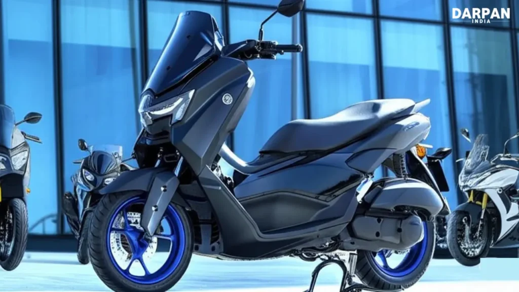 black yamaha nmax 155 scooter with blue wheels parked.