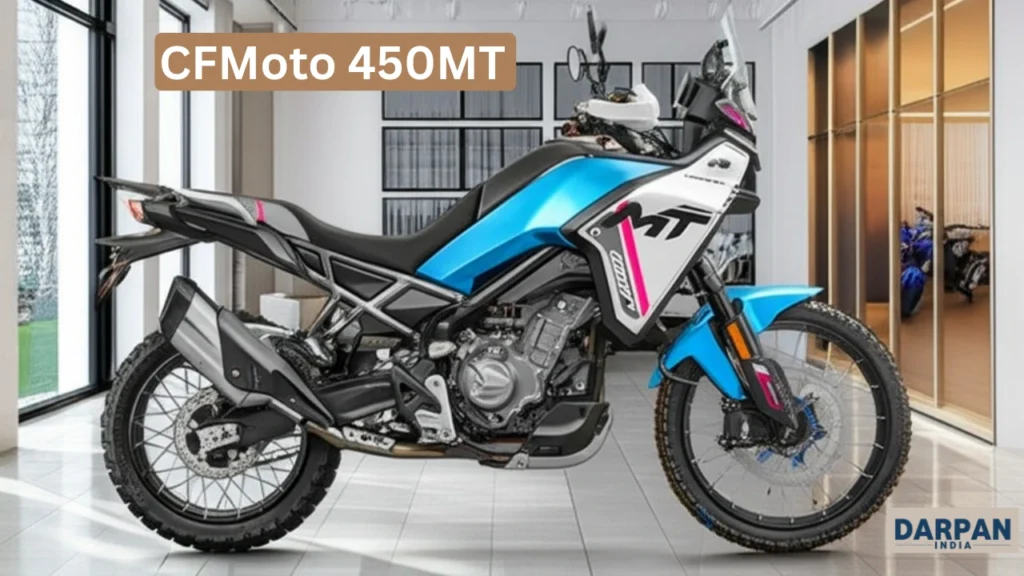 blue and white cfmoto 450mt motorcycle in a showroom.