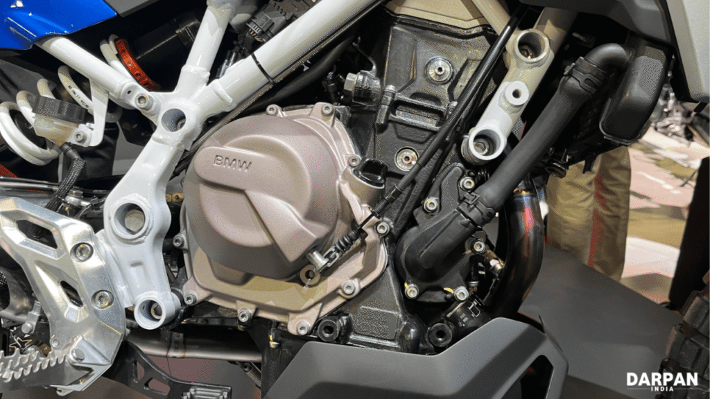 Close-up of BMW F 450 GS engine and chassis.
