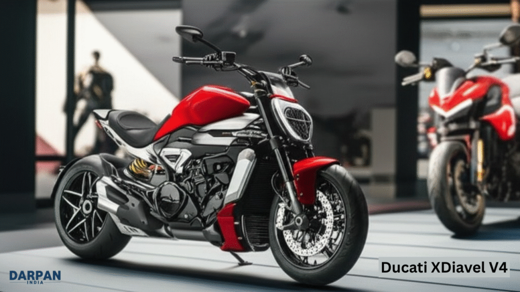 ducati xdiavel v4 in red and black on display indoors