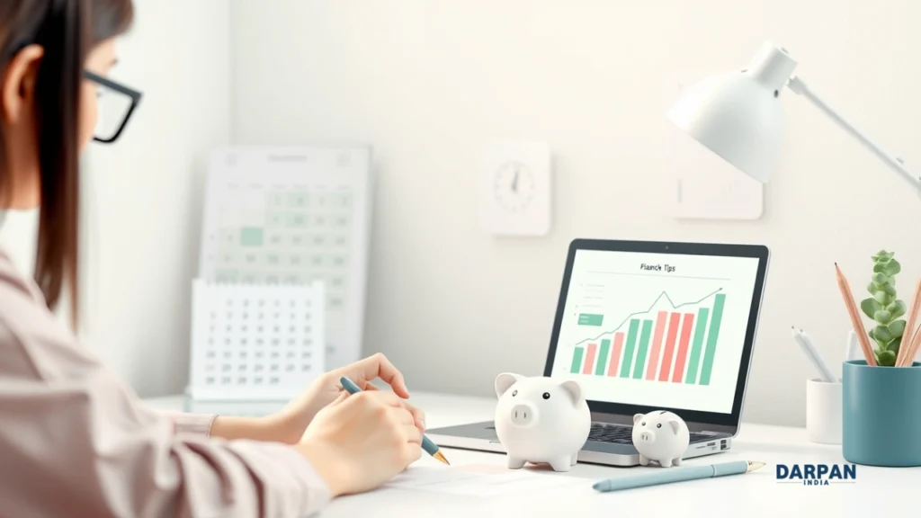 financial planning concept with charts, coins, and laptop