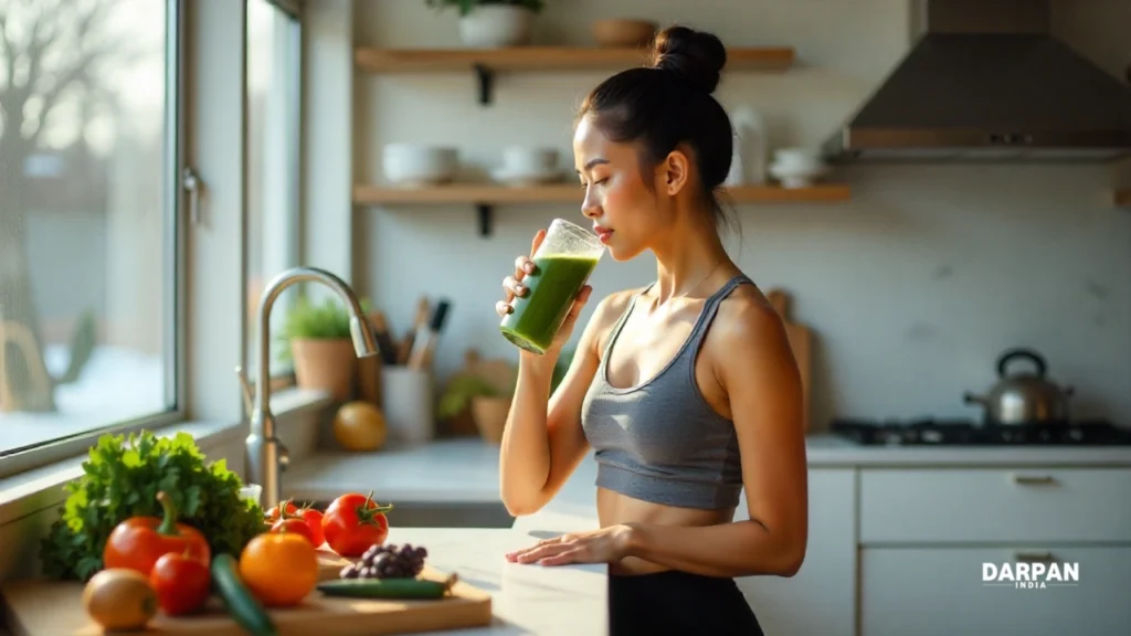 fit woman drinking green smoothie in a sunlit kitchen