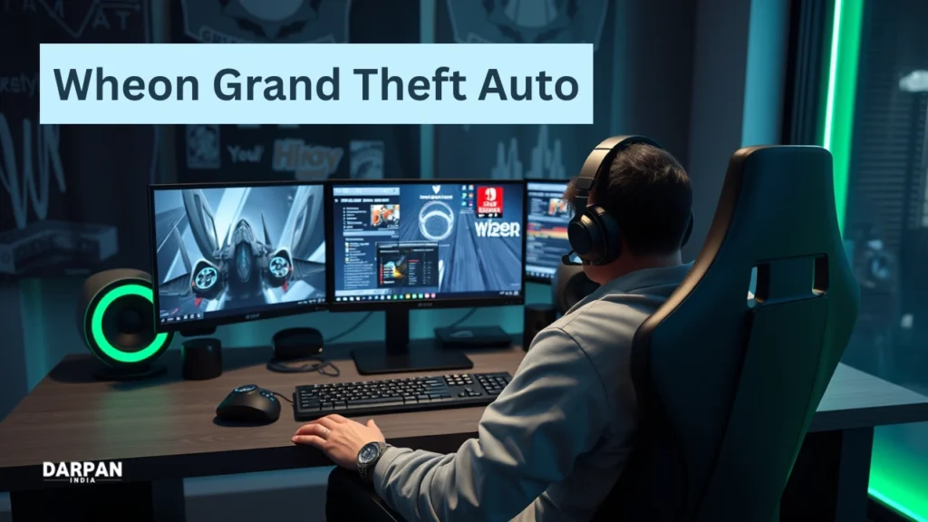 gamer sitting at a modern gaming setup, playing wheon grand theft auto