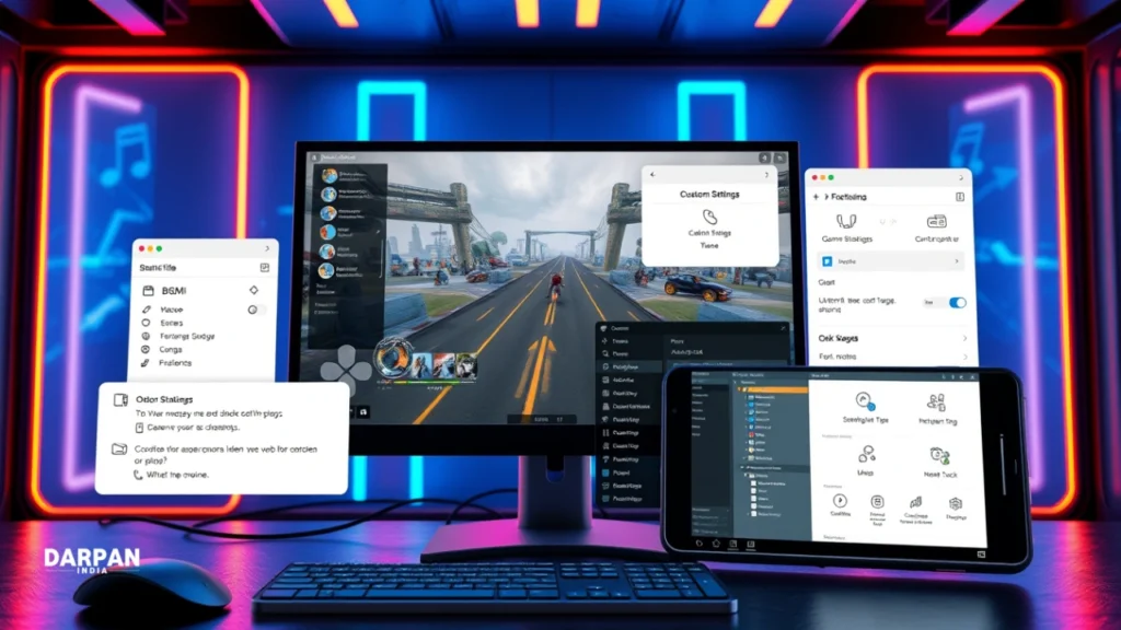 high-tech gaming setup with a pc and mobile device displaying bgmi gameplay