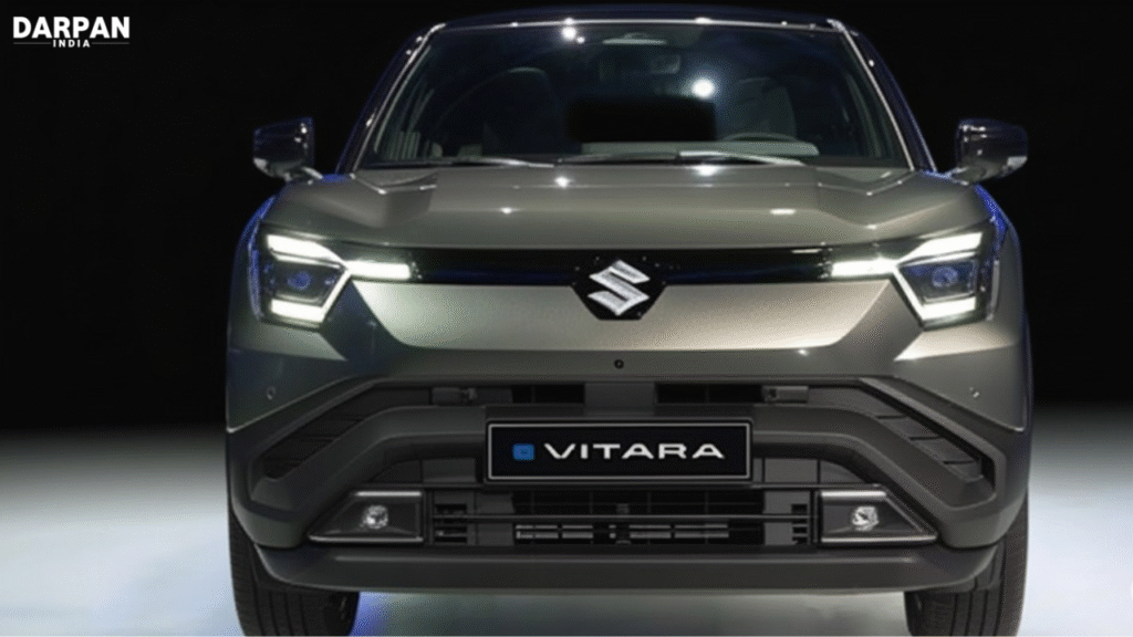 Front view of Maruti Suzuki e-Vitara electric SUV with LED headlights and bold grille
