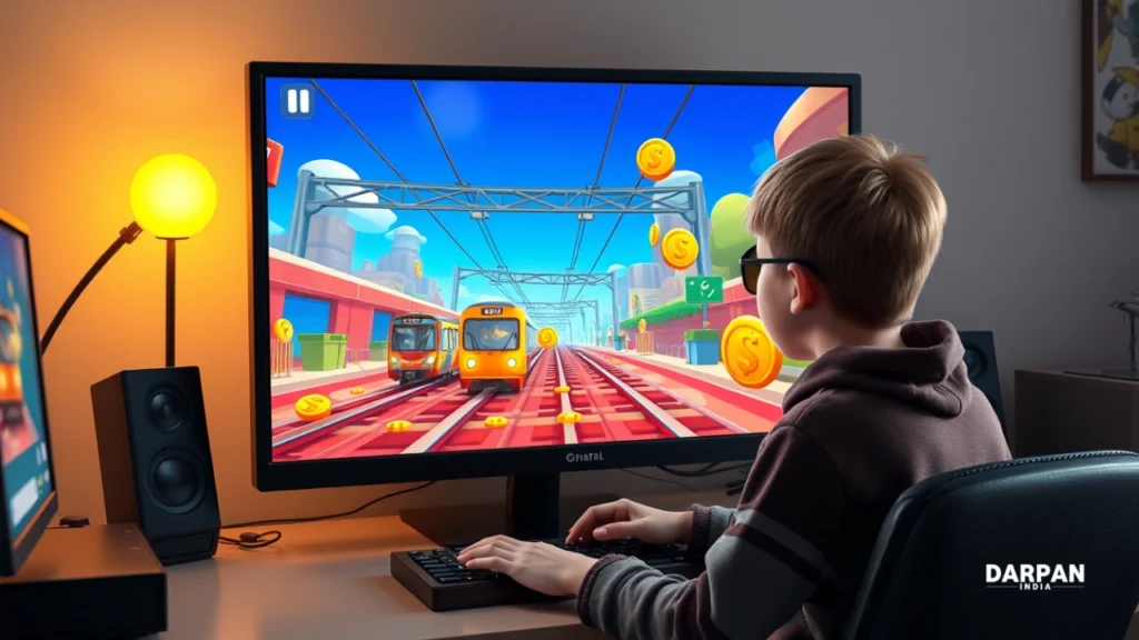 person playing subway surfers on a desktop computer