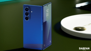 samsung galaxy z fold 7 in blue with cover screen and triple camera