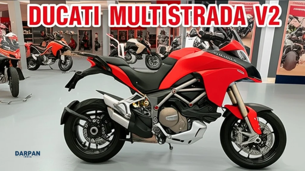 side profile of ducati multistrada v2 2025 model in ducati red