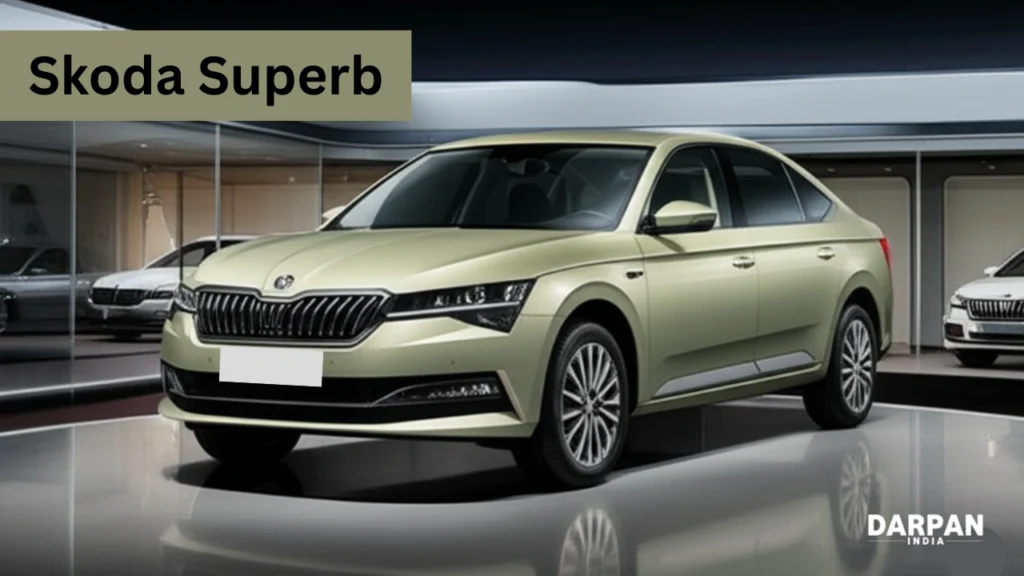 skoda superb front and side view in showroom