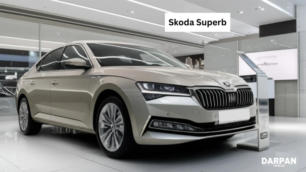 skoda superb side view in showroom