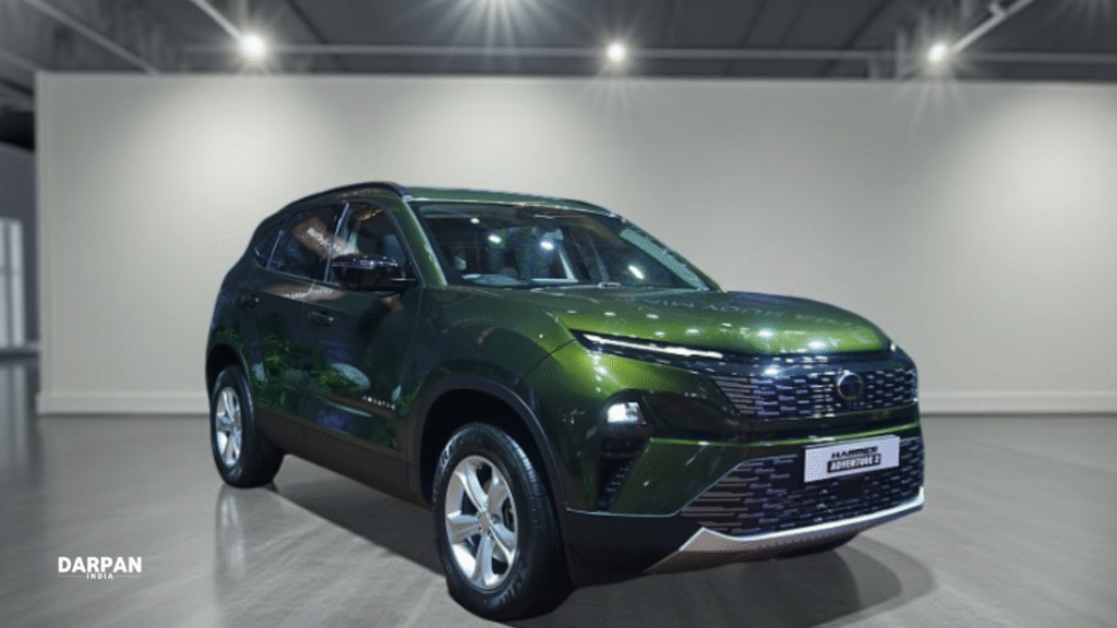 tata harrier adventure x front view in earthy green color