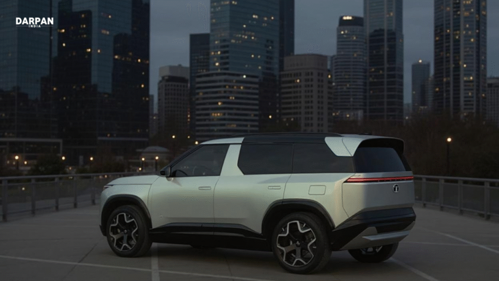 tata sierra ev driving on urban road
