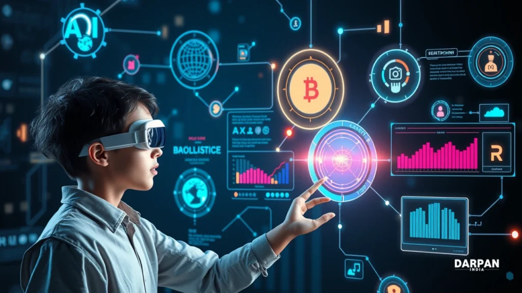 techlokesh.org futuristic digital infographic-style scene showing ai, blockchain, vr