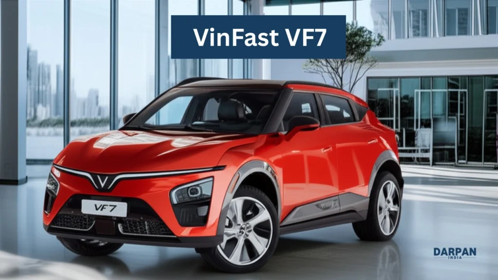vinfast vf7 electric in red color showcased indoors with modern design and stylish look