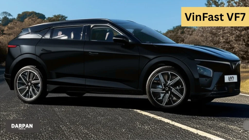 vinfast vf7 electric in sleek black design parked on road, modern styling with sharp lines and alloy wheels