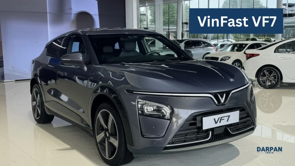 vinfast vf7 gray car displayed in showroom with premium styling and aerodynamic body