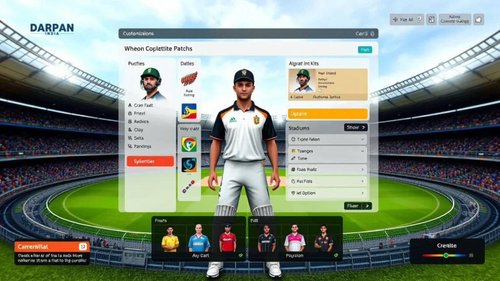 wheon cricket 07 game interface showcasing community patches, updated kits