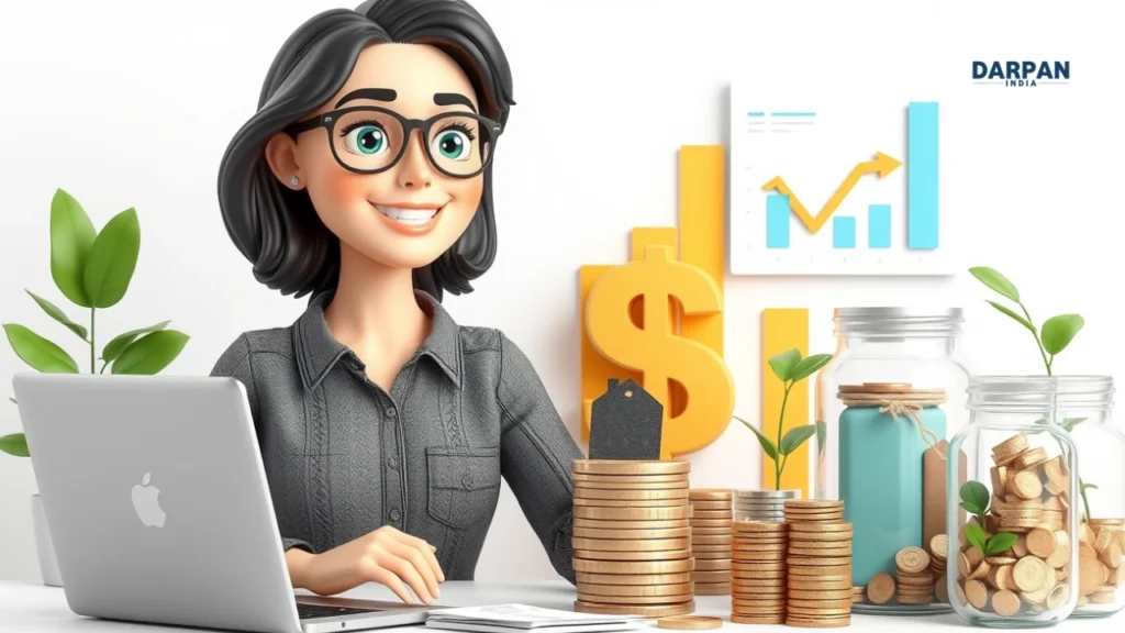 woman planning savings with piggy bank and financial charts