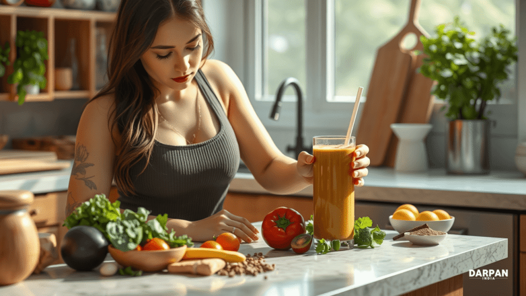 woman preparing a healthy smoothie with natural ingredients in a cozy kitchen