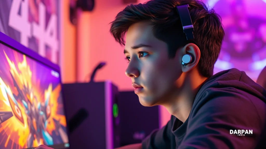 young gamer wearing wireless bluetooth earbuds