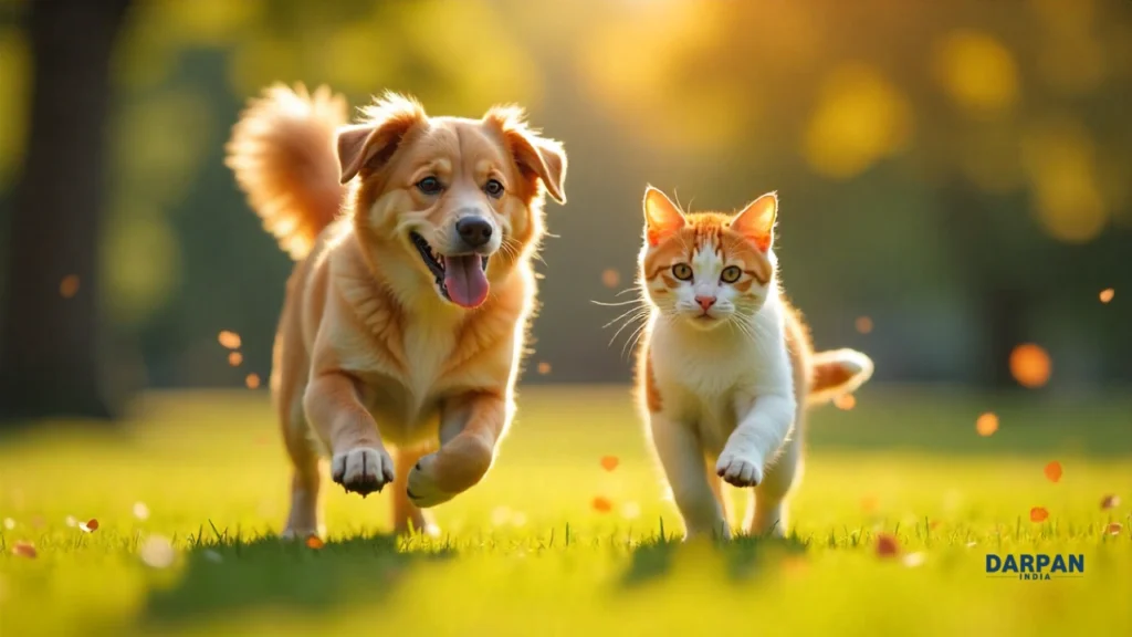 energetic dog and cat playing in a sunny park