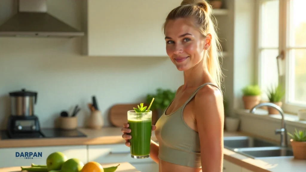 person enjoying neem and aloe vera juice in a sunny kitchen